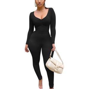BORIFLORS Women’s Sexy Long Sleeve Bodycon One Piece Jumpsuits Club Outfits V Neck Ruched Rompers(Black)
