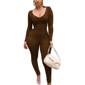 BORIFLORS Women’s Sexy Long Sleeve Bodycon One Piece Jumpsuits Club Outfits V Neck Ruched Rompers(Coffee)