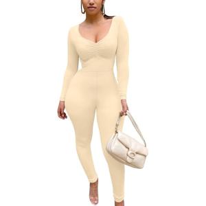 BORIFLORS Women’s Sexy Long Sleeve Bodycon One Piece Jumpsuits Club Outfits V Neck Ruched Rompers(Nude)