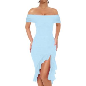 BORIFLORS Women’s Sexy Off The Shoulder Bodycon Midi Dresses Elegant Ruched Ruffle Hem Cocktail Party Dress(*Baby Blue)