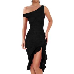 BORIFLORS Women’s Sexy Off The Shoulder Bodycon Midi Dresses Elegant Ruched Ruffle Hem Cocktail Party Dress(One Shoulder Black)