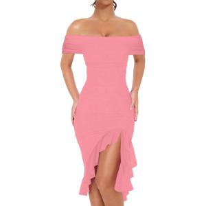 BORIFLORS Women’s Sexy Off The Shoulder Bodycon Midi Dresses Elegant Ruched Ruffle Hem Cocktail Party Dress(*Pink)