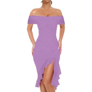 BORIFLORS Women’s Sexy Off The Shoulder Bodycon Midi Dresses Elegant Ruched Ruffle Hem Cocktail Party Dress(*Purple)