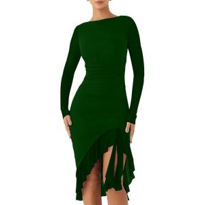 BORIFLORS Women’s Sexy Ruched Bodycon Midi Dresses Elegant Mesh Long Sleeve Ruffle Hem Cocktail Party Dress(Dark Green)