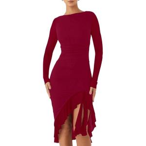 BORIFLORS Women’s Sexy Ruched Bodycon Midi Dresses Elegant Mesh Long Sleeve Ruffle Hem Cocktail Party Dress(Wine Red)