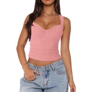 BORIFLORS Women’s Sexy Sleeveless Going Out Tops Double Lined Twist Front V Neck Trendy Cropped Tank Top