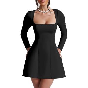 BORIFLORS Women’s Square Neck Long Sleeve Mini Dresses Corset Basic A-line Party Short Dress(Black)