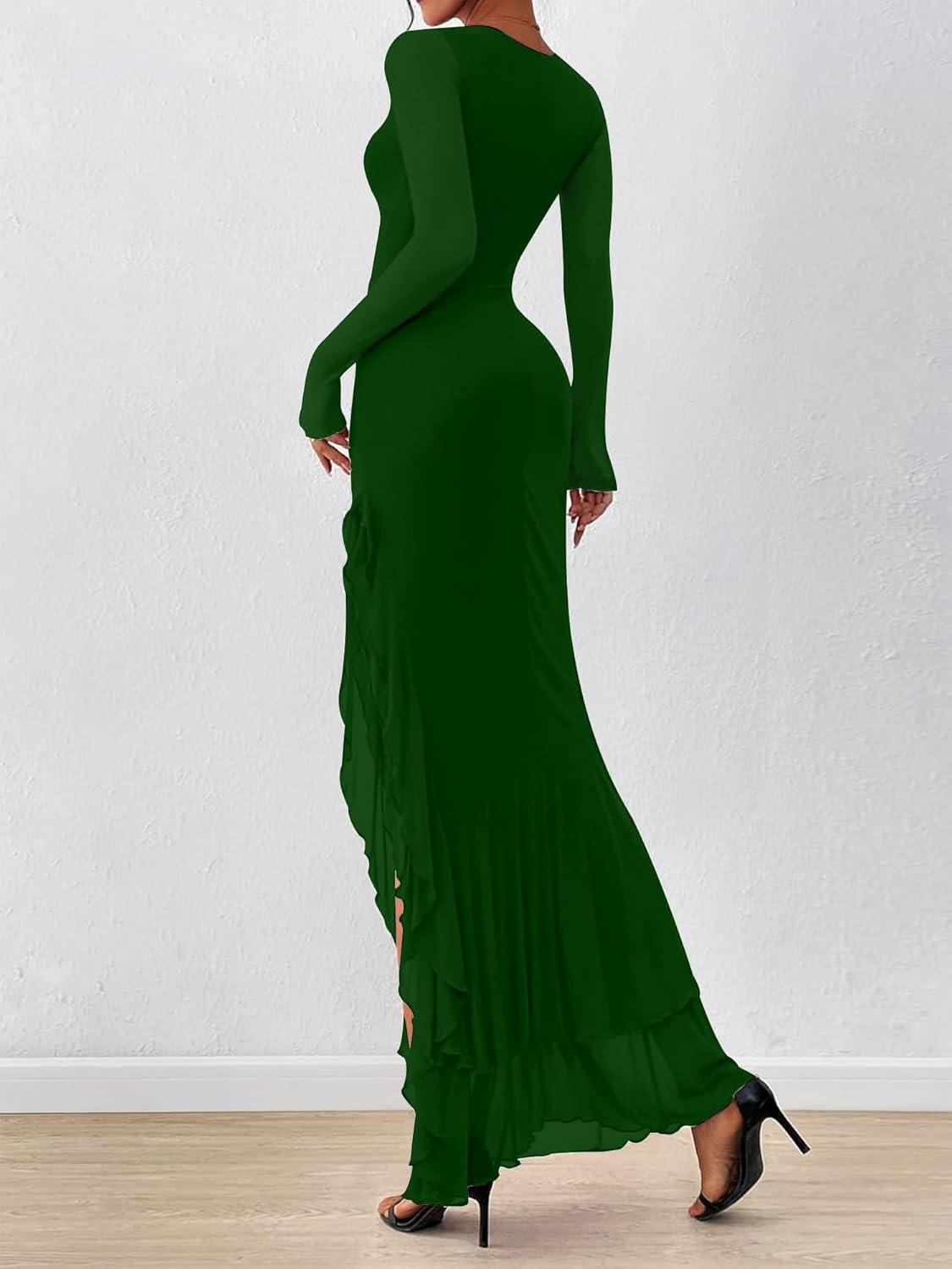 imageBORIFLORS Womens Bodycon Ruched Mesh Long Sleeve Maxi Dress Mermaid Ruffle Formal Cocktail Party Long DressesDark Green