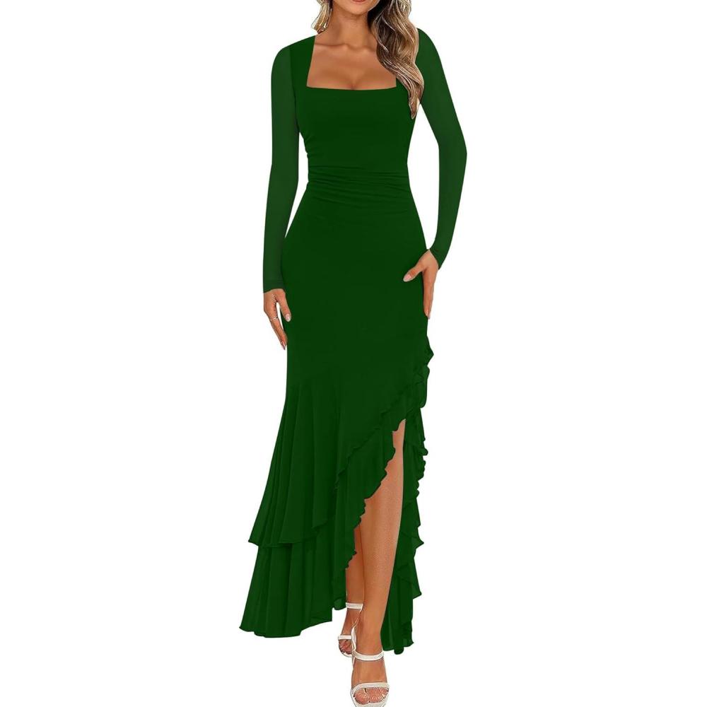 imageBORIFLORS Womens Bodycon Ruched Mesh Long Sleeve Maxi Dress Mermaid Ruffle Formal Cocktail Party Long DressesDark Green