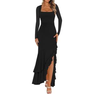 BORIFLORS Women’s Bodycon Ruched Mesh Long Sleeve Maxi Dress Mermaid Ruffle Formal Cocktail Party Long Dresses(Black)