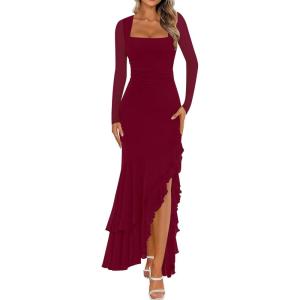 BORIFLORS Women’s Bodycon Ruched Mesh Long Sleeve Maxi Dress Mermaid Ruffle Formal Cocktail Party Long Dresses(Wine Red)