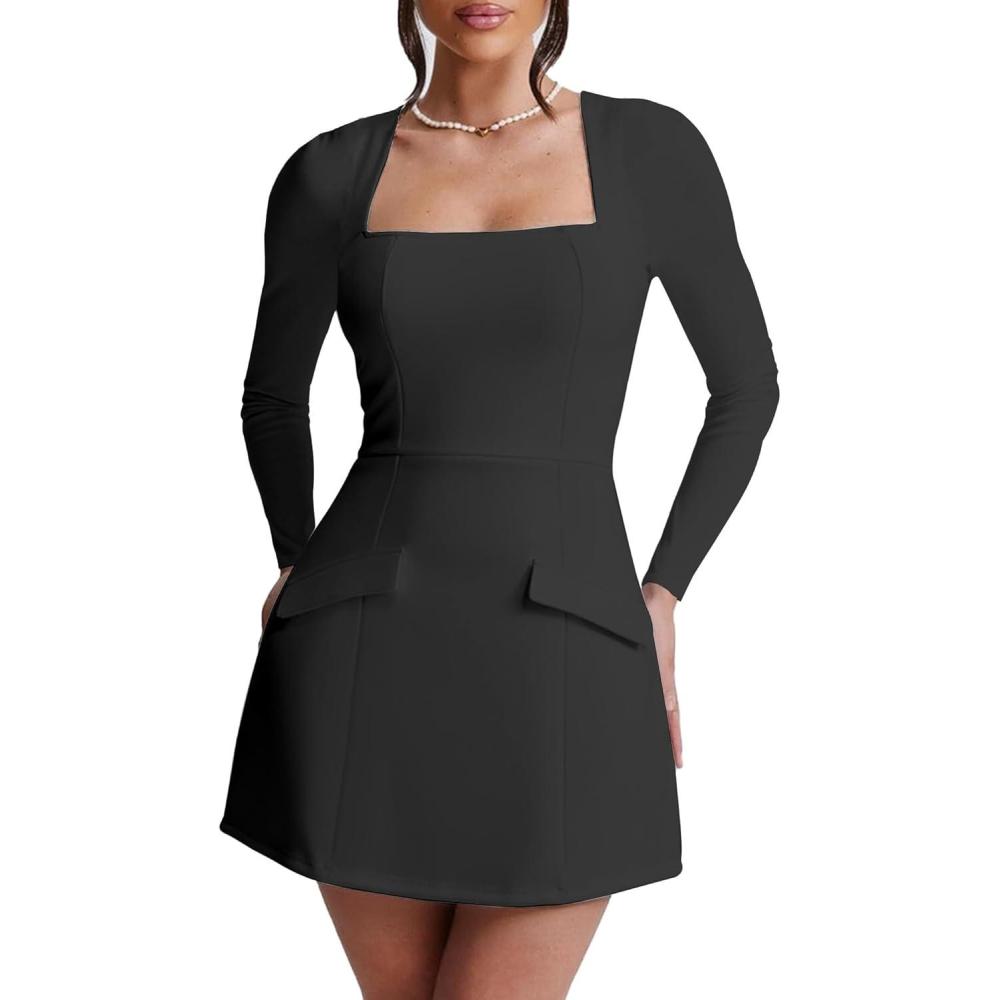 imageBORIFLORS Womens Fall Square Neck Long Sleeve Mini Dresses Corset Basic A Line Party Short DressBlack