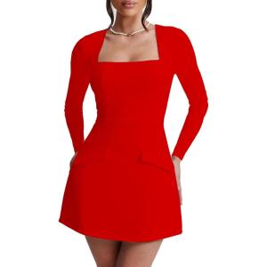 BORIFLORS Women’s Fall Square Neck Long Sleeve Mini Dresses Corset Basic A Line Party Short Dress(Red)