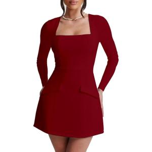 BORIFLORS Women’s Fall Square Neck Long Sleeve Mini Dresses Corset Basic A Line Party Short Dress(Wine Red)