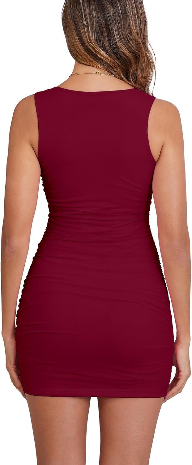 imageBORIFLORS Womens Sexy Bodycon Corset Mini Dresses Square Neck Ruched Sleeveless Club Party Short DressWine Red