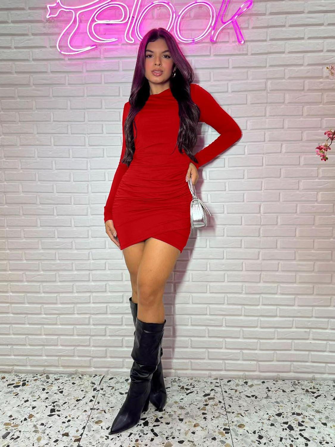 imageBORIFLORS Womens Sexy Wrap Front Long Sleeve Ruched Bodycon Mini Club DressLong Sleevered