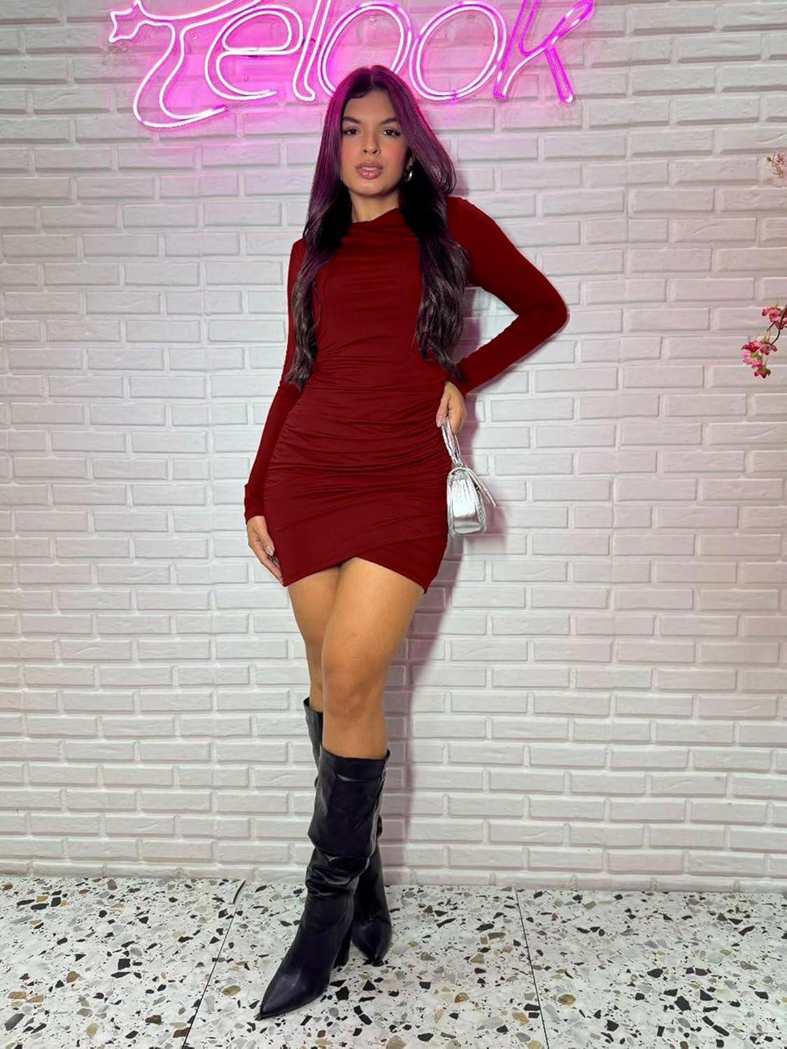 imageBORIFLORS Womens Sexy Wrap Front Long Sleeve Ruched Bodycon Mini Club DressLong Sleevewine Red