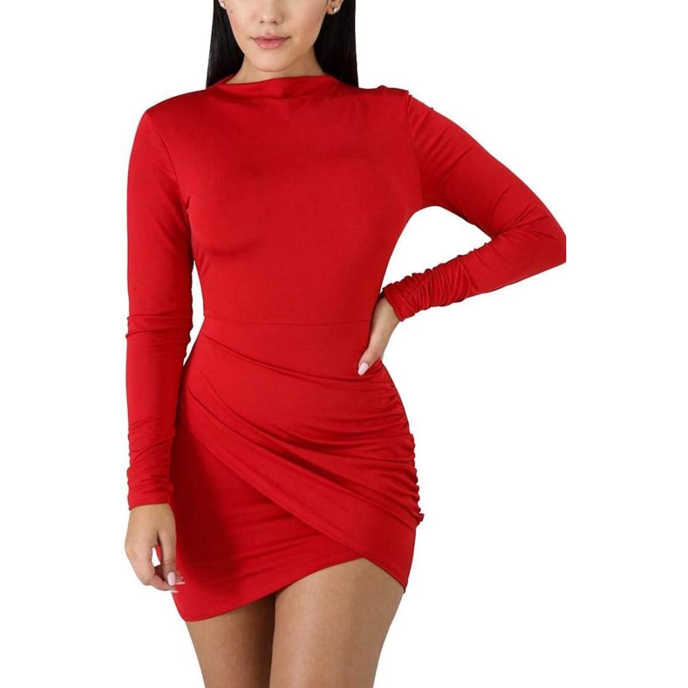 imageBORIFLORS Womens Sexy Wrap Front Long Sleeve Ruched Bodycon Mini Club DressLong Sleevered