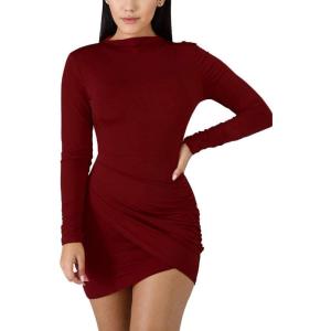 BORIFLORS Women’s Sexy Wrap Front Long Sleeve Ruched Bodycon Mini Club Dress((Long Sleeve)-wine Red)