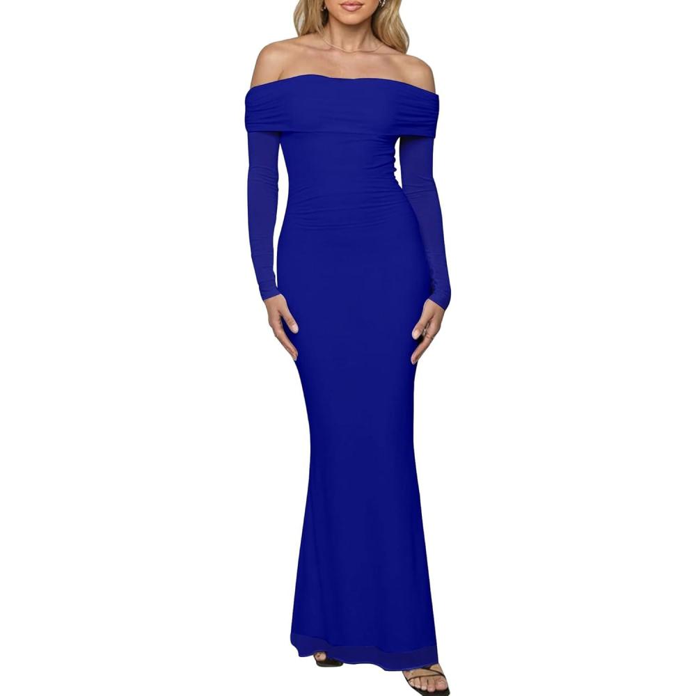 imageBORIFLORS Womens Elegant Off The Shoulder Bodycon Long Sleeve Maxi Dress Mesh Cocktail Party Wedding Guest Formal DressesRoyal Blue