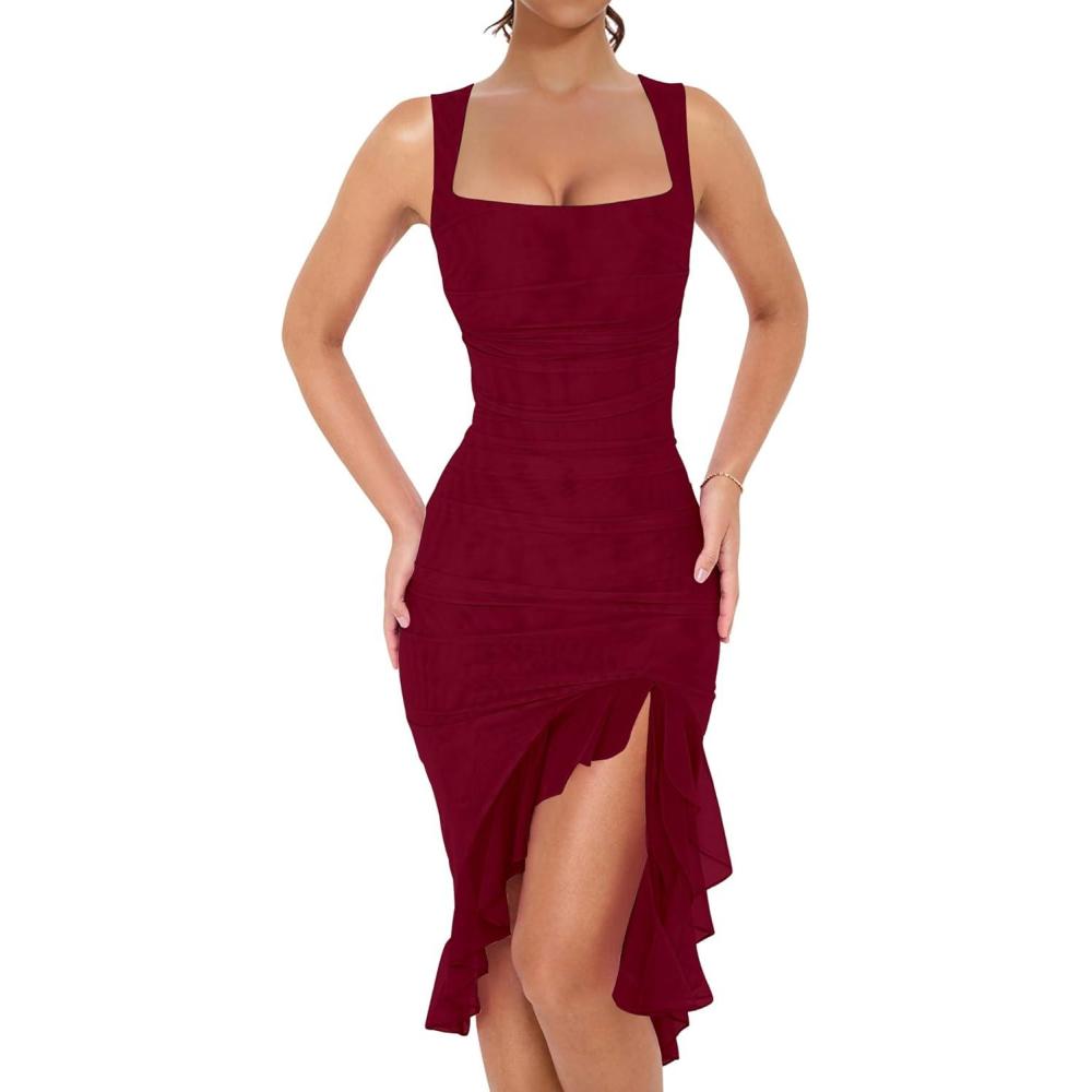 imageBORIFLORS Womens Sexy Ruched Bodycon Midi Dresses Square Neck Sleeveless Ruffle Hem Club Party Tank DressWine Red