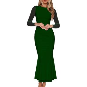 BORIFLORS Women’s Sexy Ruched Bodycon Long Formal Dresses Mesh Long Sleeve Cocktail Party Maxi Dress(Dark Green)