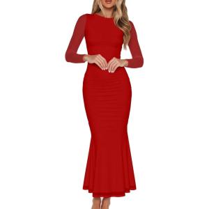 BORIFLORS Women’s Sexy Ruched Bodycon Long Formal Dresses Mesh Long Sleeve Cocktail Party Maxi Dress(Red)