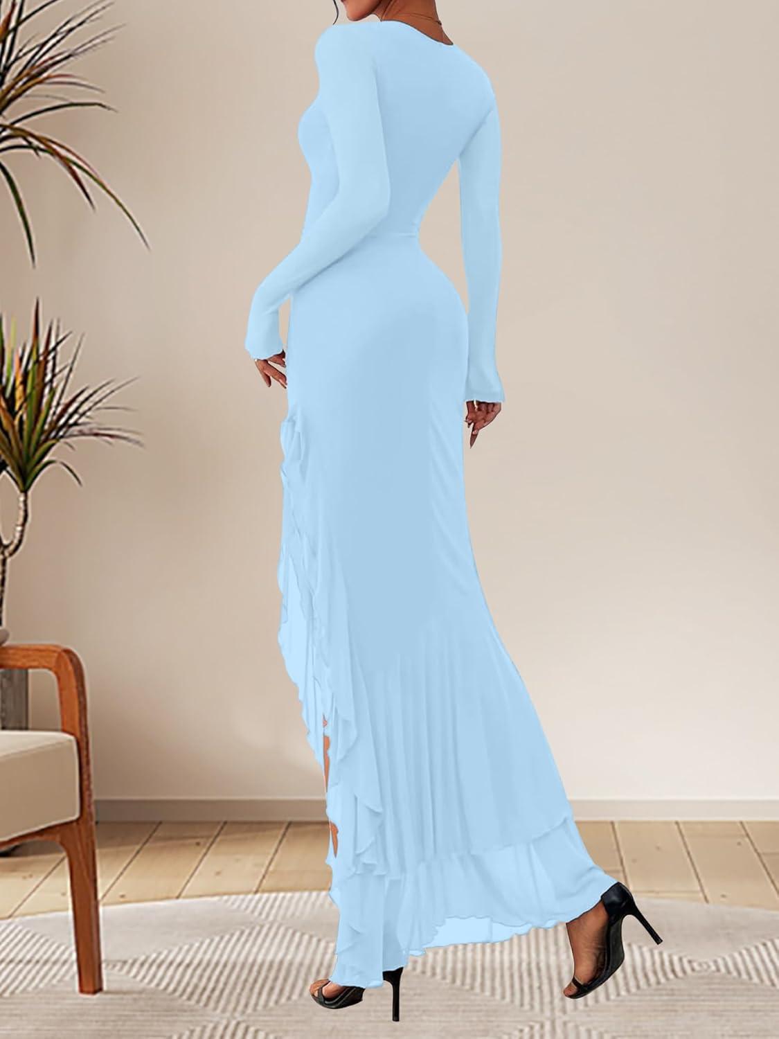 image:imageBORIFLORS Womens Bodycon Ruched Mesh Long Sleeve Maxi Dress Mermaid Ruffle Formal Cocktail Party Long DressesBaby Blue