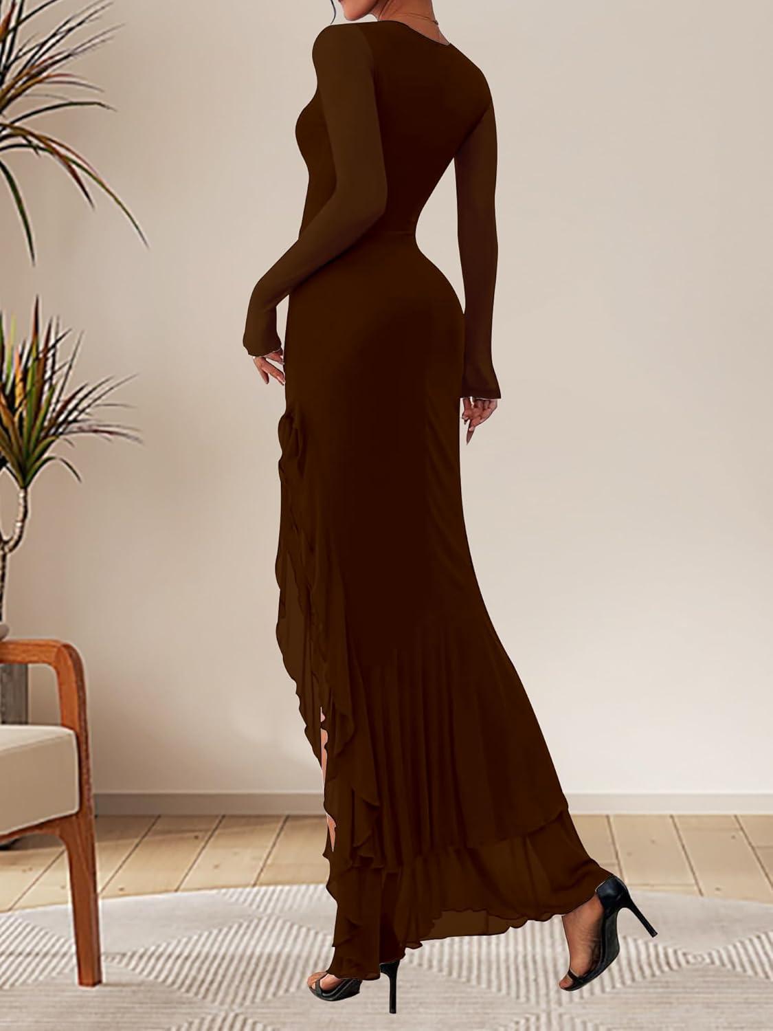 image:imageBORIFLORS Womens Bodycon Ruched Mesh Long Sleeve Maxi Dress Mermaid Ruffle Formal Cocktail Party Long DressesCoffee