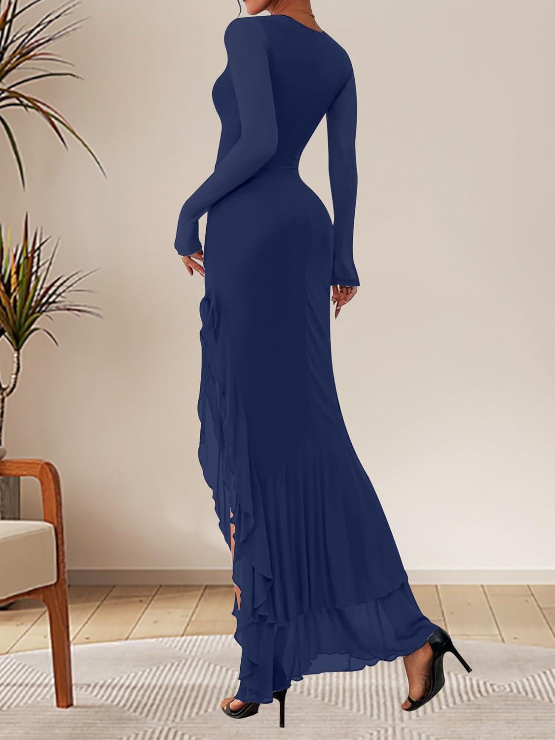 image:imageBORIFLORS Womens Bodycon Ruched Mesh Long Sleeve Maxi Dress Mermaid Ruffle Formal Cocktail Party Long DressesNavy