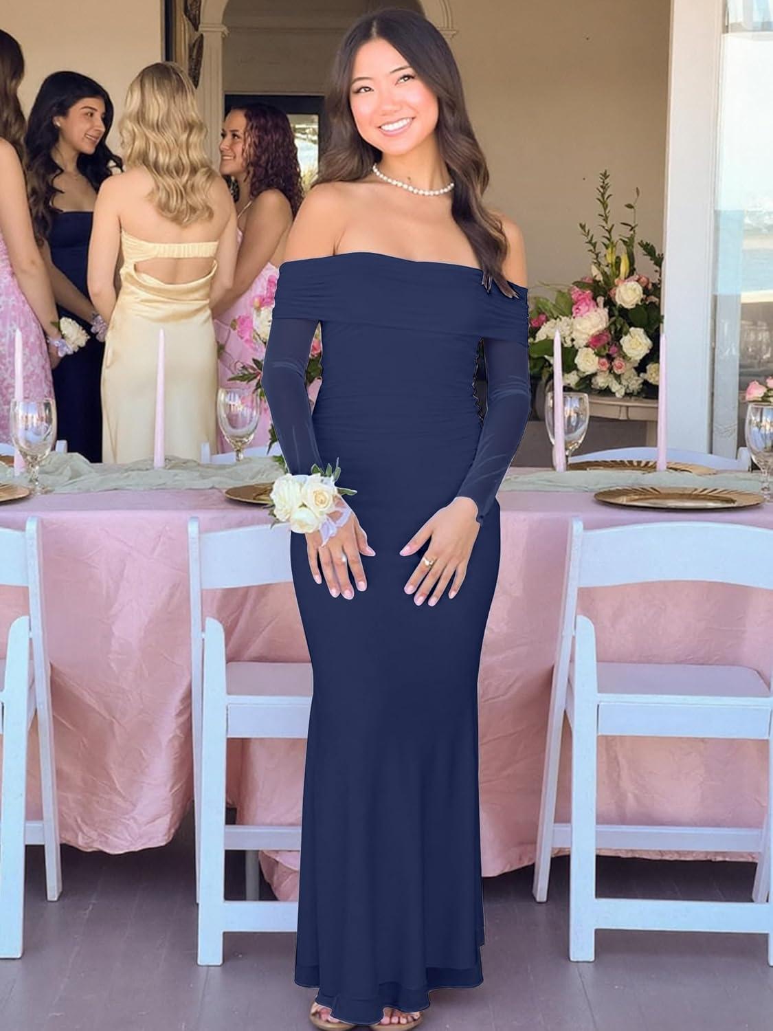 image:imageBORIFLORS Womens Elegant Off The Shoulder Bodycon Long Sleeve Maxi Dress Mesh Cocktail Party Wedding Guest Formal DressesNavy