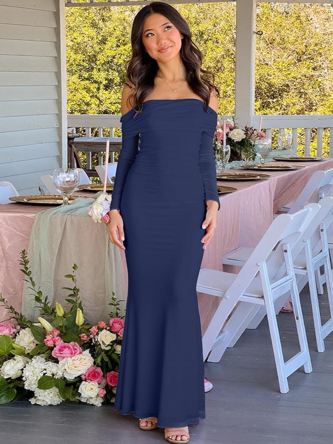 image:imageBORIFLORS Womens Elegant Off The Shoulder Bodycon Long Sleeve Maxi Dress Mesh Cocktail Party Wedding Guest Formal DressesNavy