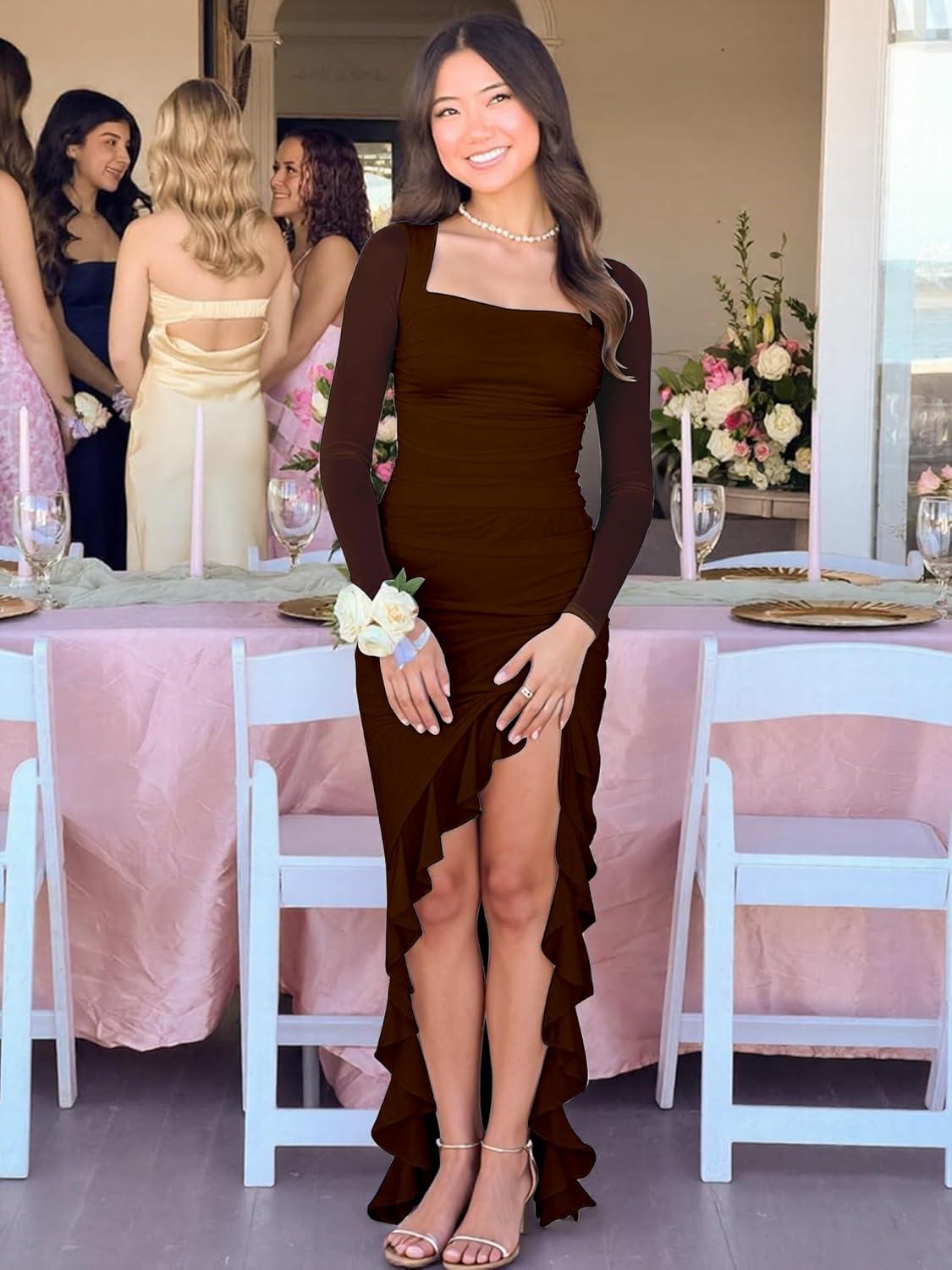 image:imageBORIFLORS Womens Ruched Bodycon Maxi Dresses Mesh Long Sleeve Square Neck Ruffle Hem Cocktail Party DressCoffee