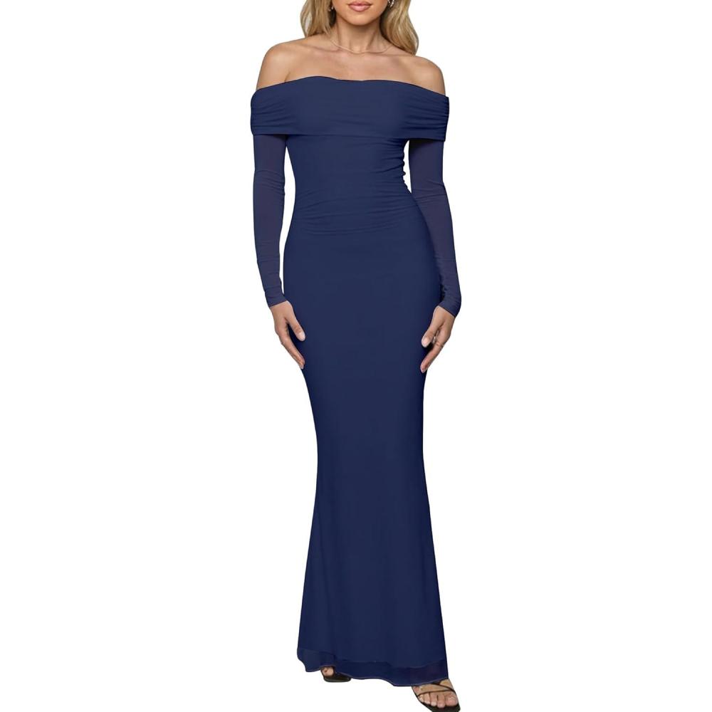 image:imageBORIFLORS Womens Elegant Off The Shoulder Bodycon Long Sleeve Maxi Dress Mesh Cocktail Party Wedding Guest Formal DressesNavy