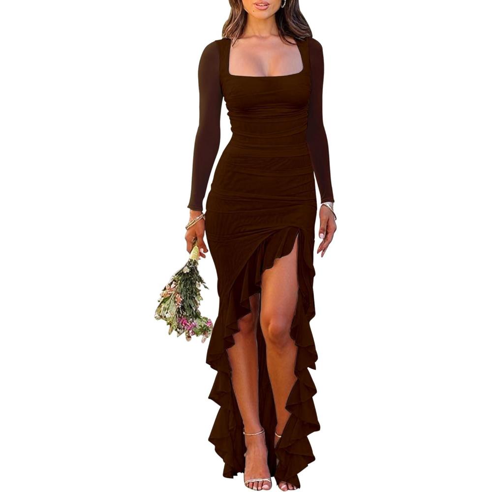 image:imageBORIFLORS Womens Ruched Bodycon Maxi Dresses Mesh Long Sleeve Square Neck Ruffle Hem Cocktail Party DressCoffee