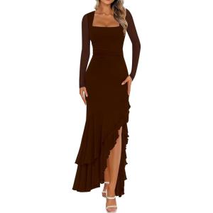 BORIFLORS Women’s Bodycon Ruched Mesh Long Sleeve Maxi Dress Mermaid Ruffle Formal Cocktail Party Long Dresses(Coffee)