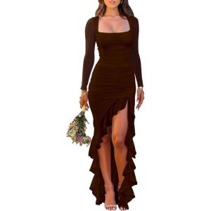BORIFLORS Women’s Ruched Bodycon Maxi Dresses Mesh Long Sleeve Square Neck Ruffle Hem Cocktail Party Dress(Coffee)