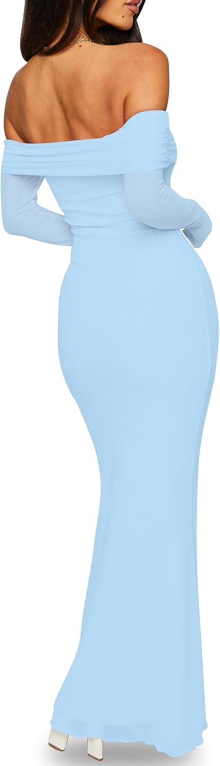 image:imageBORIFLORS Womens Elegant Off The Shoulder Bodycon Long Sleeve Maxi Dress Mesh Cocktail Party Wedding Guest Formal DressesBaby Blue