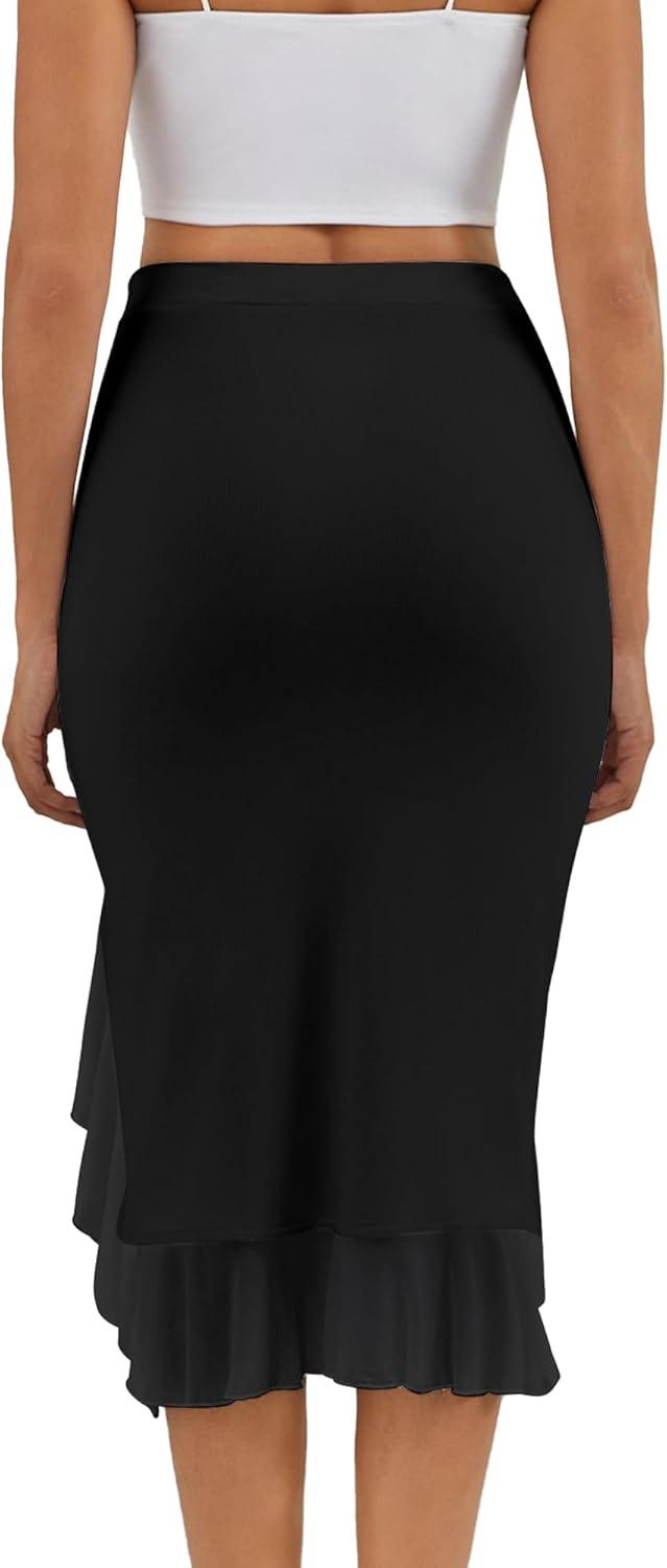 image:imageBORIFLORS Womens Sexy Mesh Beach Mini Skirt High Waisted Asymmetrical Flowy Ruffle Bodycon Short Slit SkirtsBlack