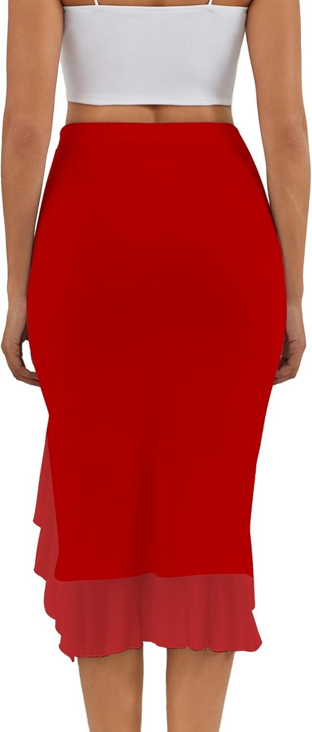 image:imageBORIFLORS Womens Sexy Mesh Beach Mini Skirt High Waisted Asymmetrical Flowy Ruffle Bodycon Short Slit SkirtsRed