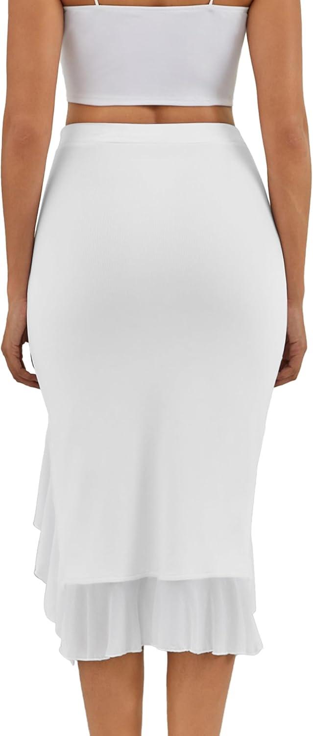 image:imageBORIFLORS Womens Sexy Mesh Beach Mini Skirt High Waisted Asymmetrical Flowy Ruffle Bodycon Short Slit SkirtsWhite