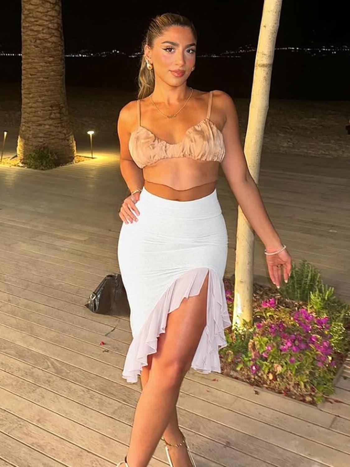image:imageBORIFLORS Womens Sexy Mesh Beach Mini Skirt High Waisted Asymmetrical Flowy Ruffle Bodycon Short Slit SkirtsWhite