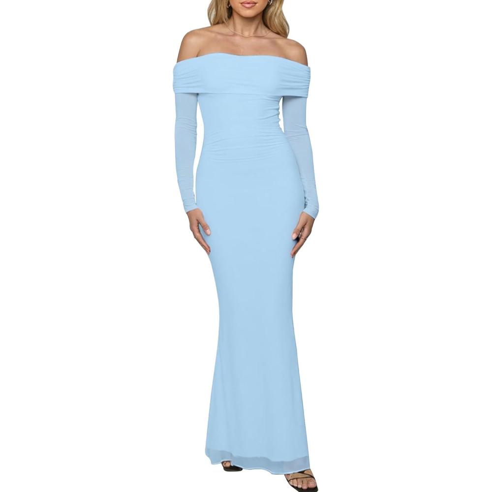 image:imageBORIFLORS Womens Elegant Off The Shoulder Bodycon Long Sleeve Maxi Dress Mesh Cocktail Party Wedding Guest Formal DressesBaby Blue