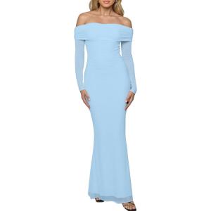 BORIFLORS Women’s Elegant Off The Shoulder Bodycon Long Sleeve Maxi Dress Mesh Cocktail Party Wedding Guest Formal Dresses(Baby Blue)