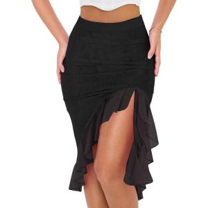 BORIFLORS Women’s Sexy Mesh Beach Mini Skirt High Waisted Asymmetrical Flowy Ruffle Bodycon Short Slit Skirts(Black)