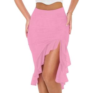 BORIFLORS Women’s Sexy Mesh Beach Mini Skirt High Waisted Asymmetrical Flowy Ruffle Bodycon Short Slit Skirts(Pink)