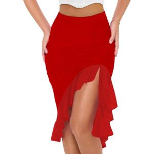 BORIFLORS Women’s Sexy Mesh Beach Mini Skirt High Waisted Asymmetrical Flowy Ruffle Bodycon Short Slit Skirts(Red)