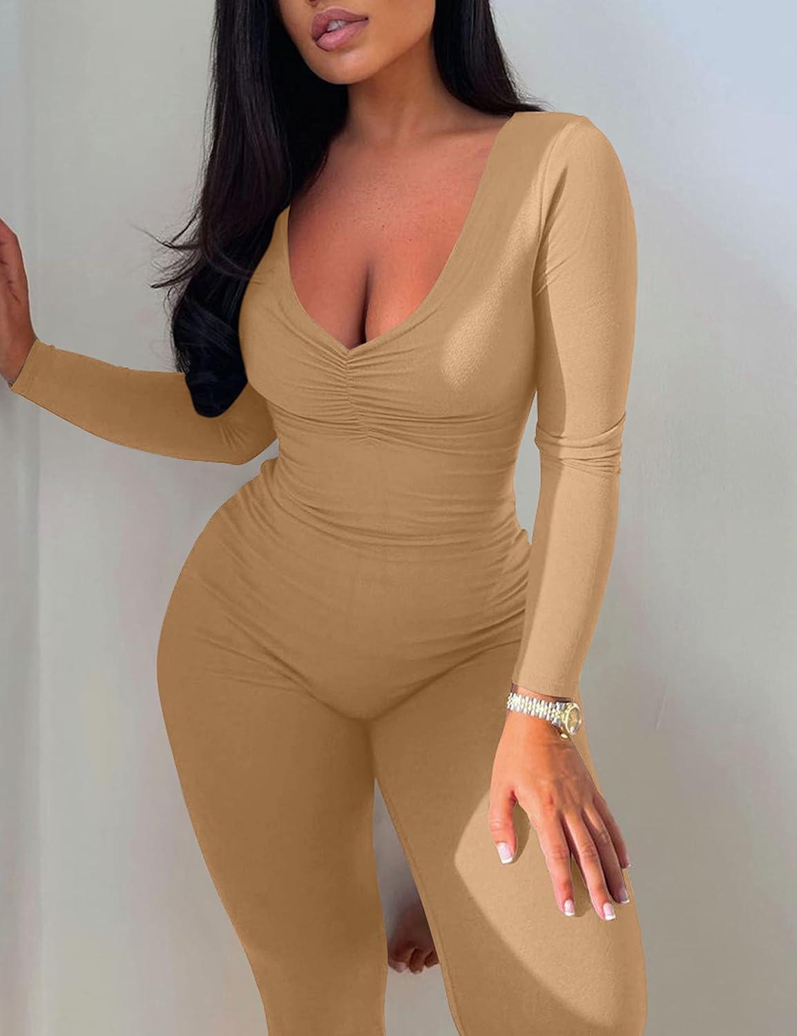image:imageBORIFLORS Womens Sexy Long Sleeve Bodycon One Piece Jumpsuits Club Outfits V Neck Ruched Rompers
