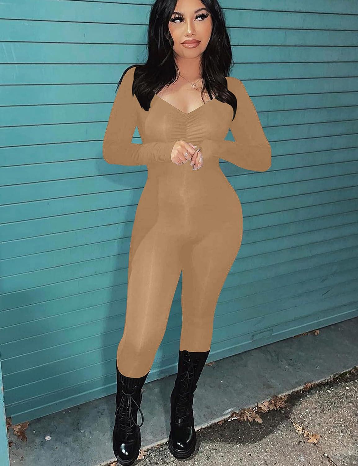 image:imageBORIFLORS Womens Sexy Long Sleeve Bodycon One Piece Jumpsuits Club Outfits V Neck Ruched Rompers