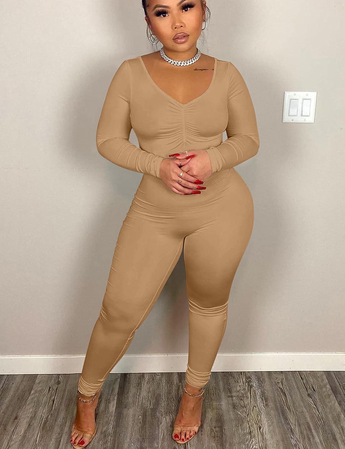 image:imageBORIFLORS Womens Sexy Long Sleeve Bodycon One Piece Jumpsuits Club Outfits V Neck Ruched Rompers